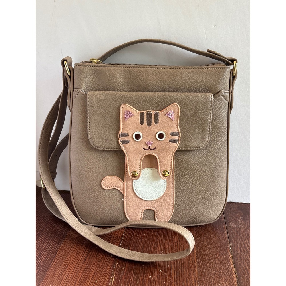 Cat Applique Crossbody Bag Taupe Pebble Faux Leather Kitten Purse SM Messenger